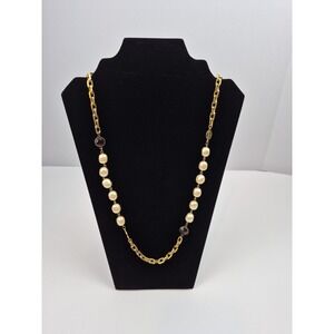 Vintage Chunky Faux Pearl Gold Tone Necklace 32" Byzantine‎ Coin Amethyst Glass